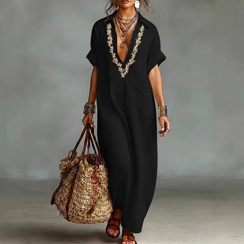 Women's Bohemian Printed Maxi Dress with Deep V-Neck