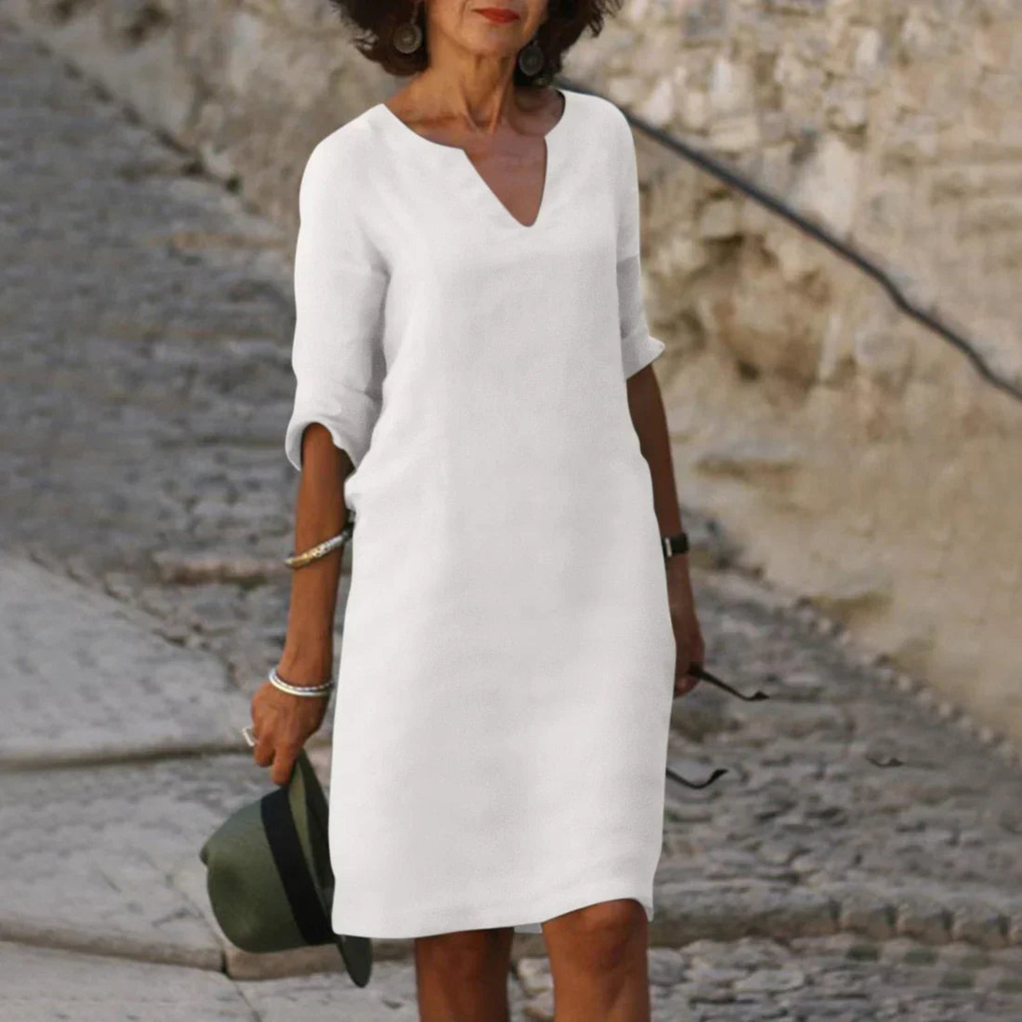 Women’s Relaxed V Neck Shift Dress with Three Quarter Sleeves