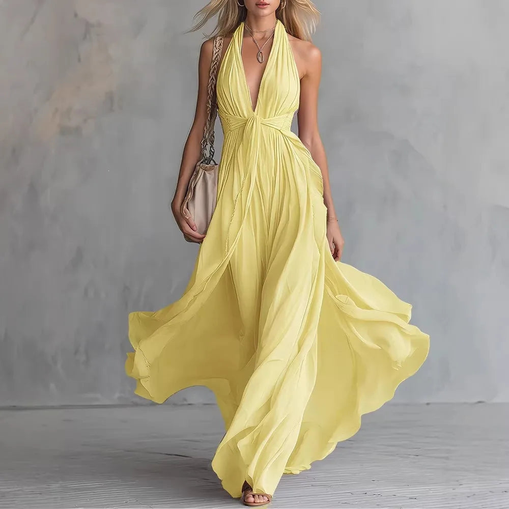 Women's Backless Halter Maxi Dress with Elegant Side Slit