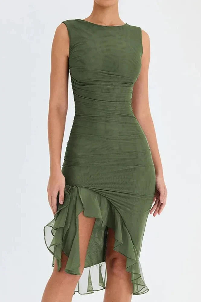 Women’s Sleeveless Ruched Asymmetrical Ruffle Hem Midi Dress