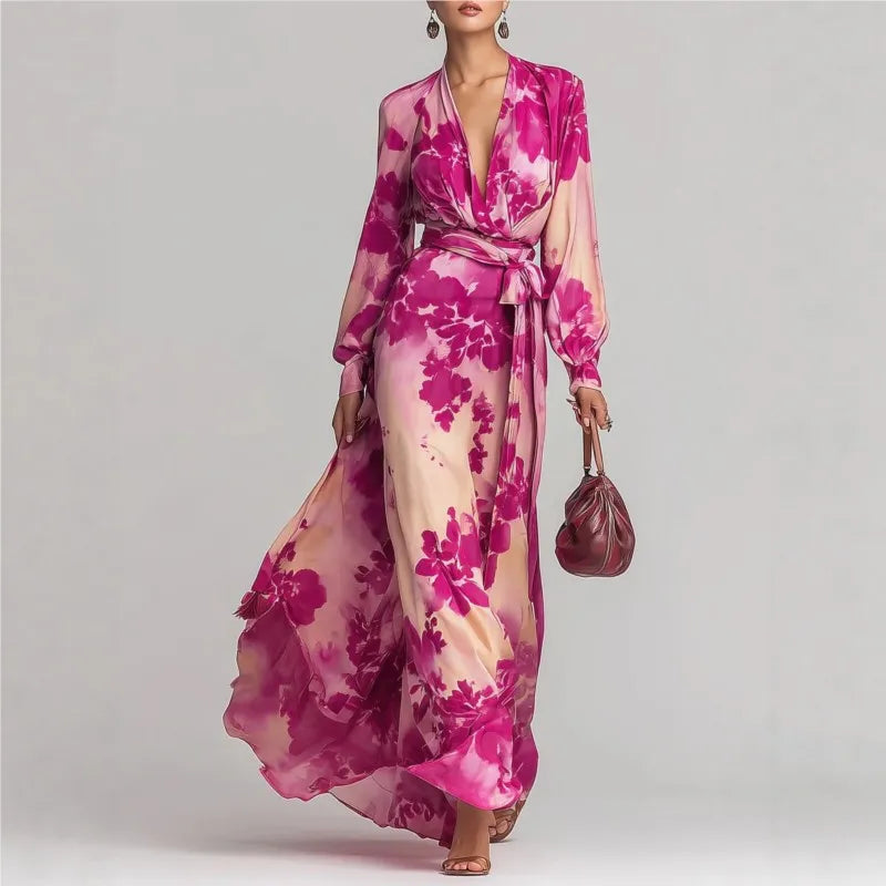 Women's Floral Wrap Maxi Dress with Waist Tie