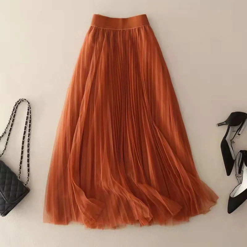 Women's High-Waisted Pleated Midi Skirt with Flowing Silhouette