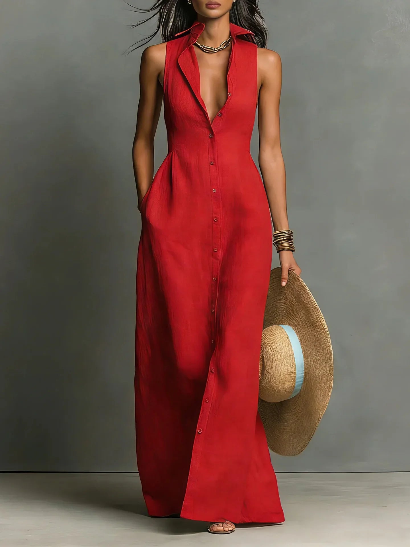 Women's Sleeveless Shirt Maxi Dress with Lapel Collar