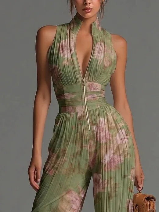 Women's Pleated Wide-Leg Jumpsuit with Halter Neckline