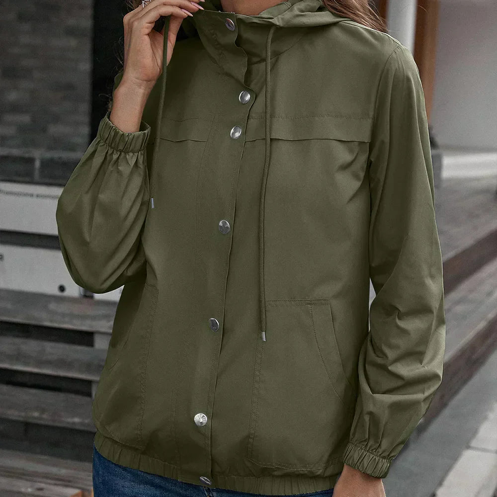 Stylish Women's Waterproof Trench Coat with Hood and Long Sleeves