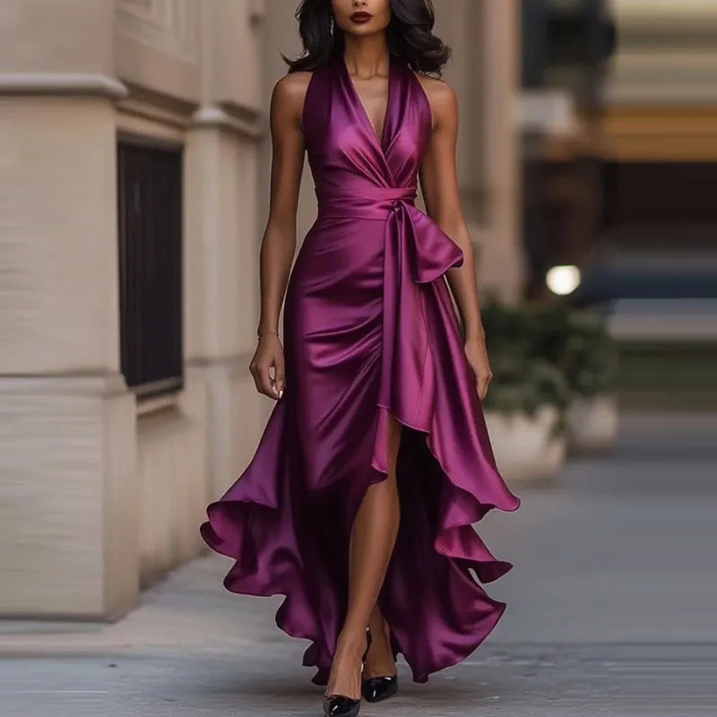 Women's Satin Halter Maxi Dress with High-Low Hem
