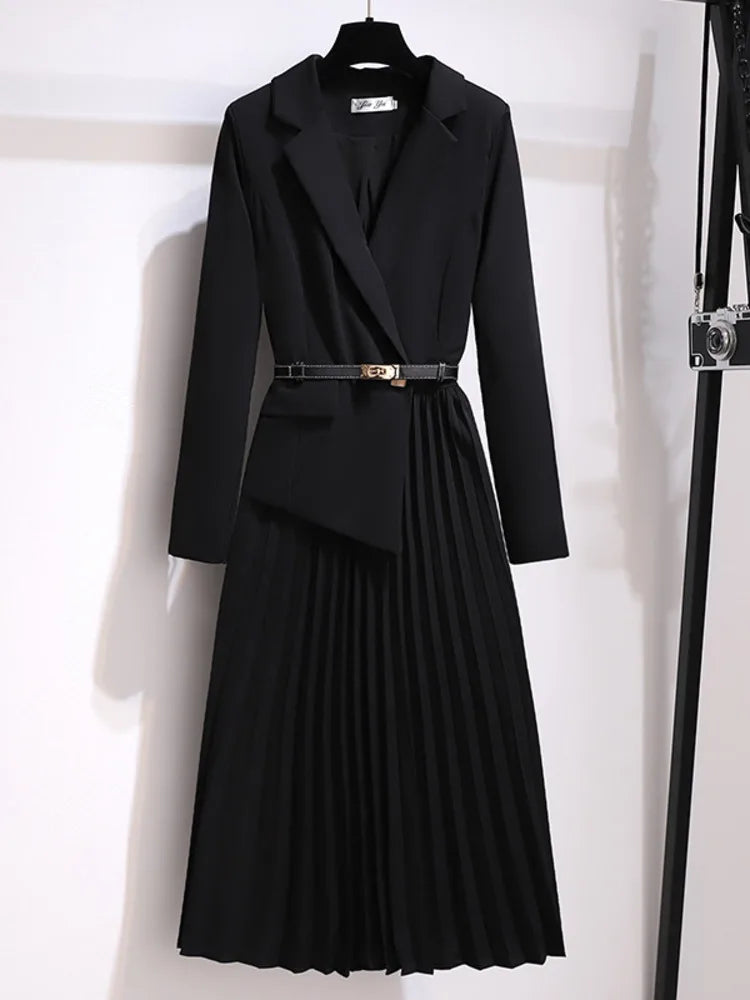 Elegant Pleated Blazer Dress with Stylish Belt
