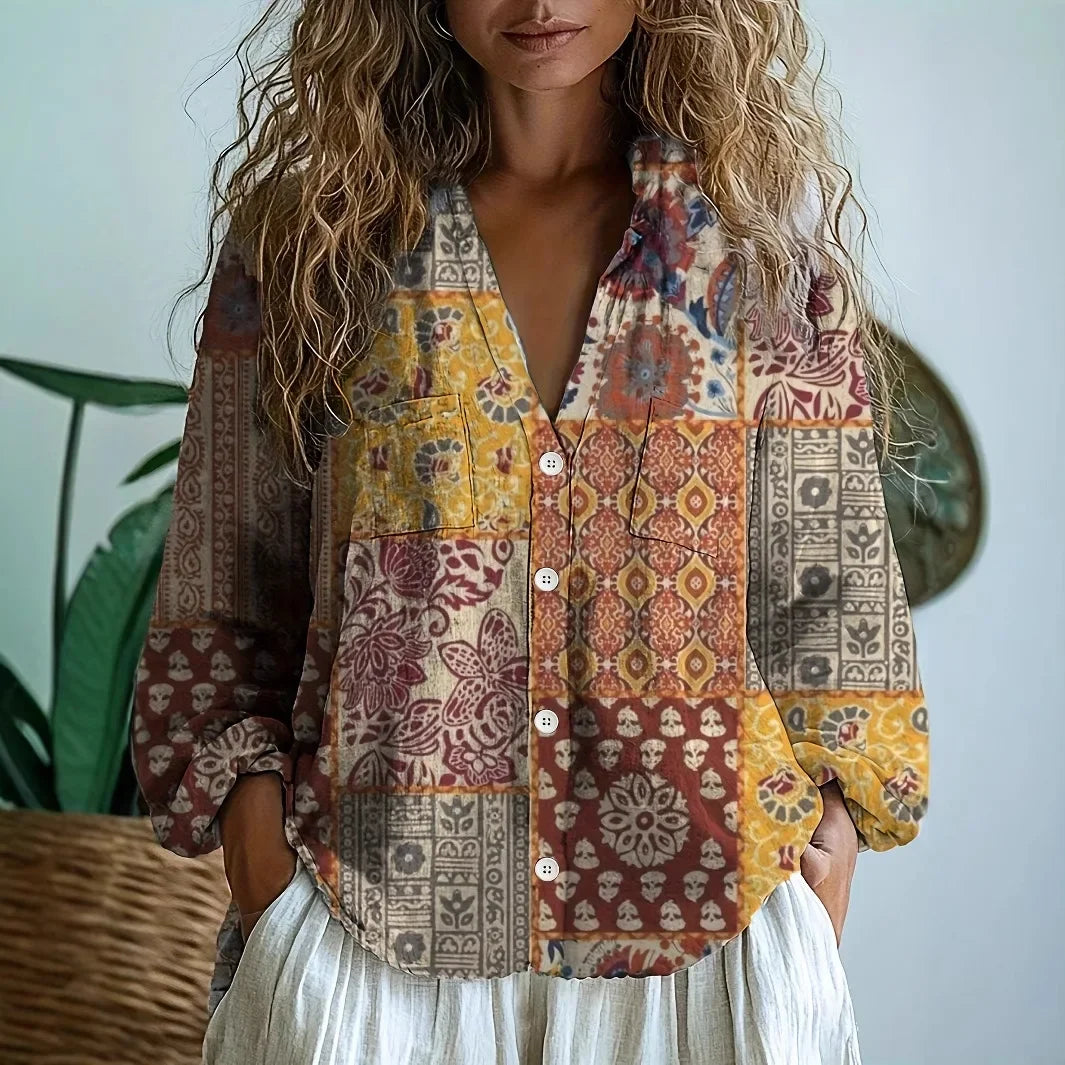 Women's Vintage Floral Print V-Neck Blouse