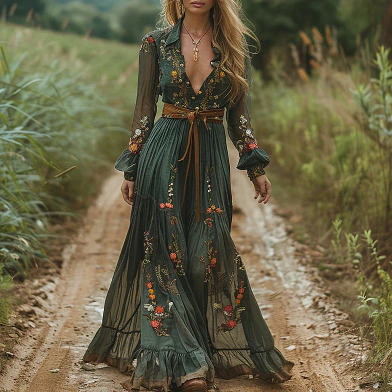 Women’s Vintage-Inspired Floral Embroidered Bohemian Maxi Dress