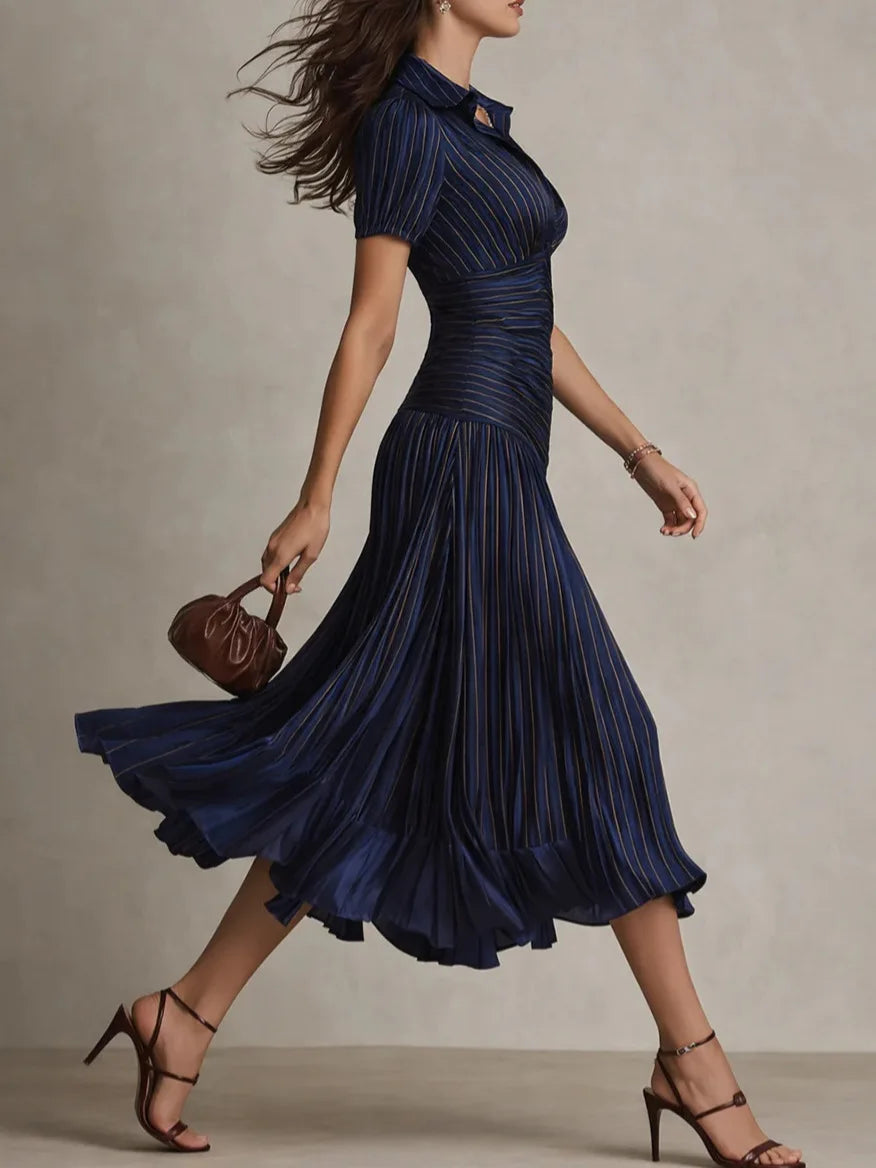 Women's Pleated A-Line Midi Dress with Lapel Collar