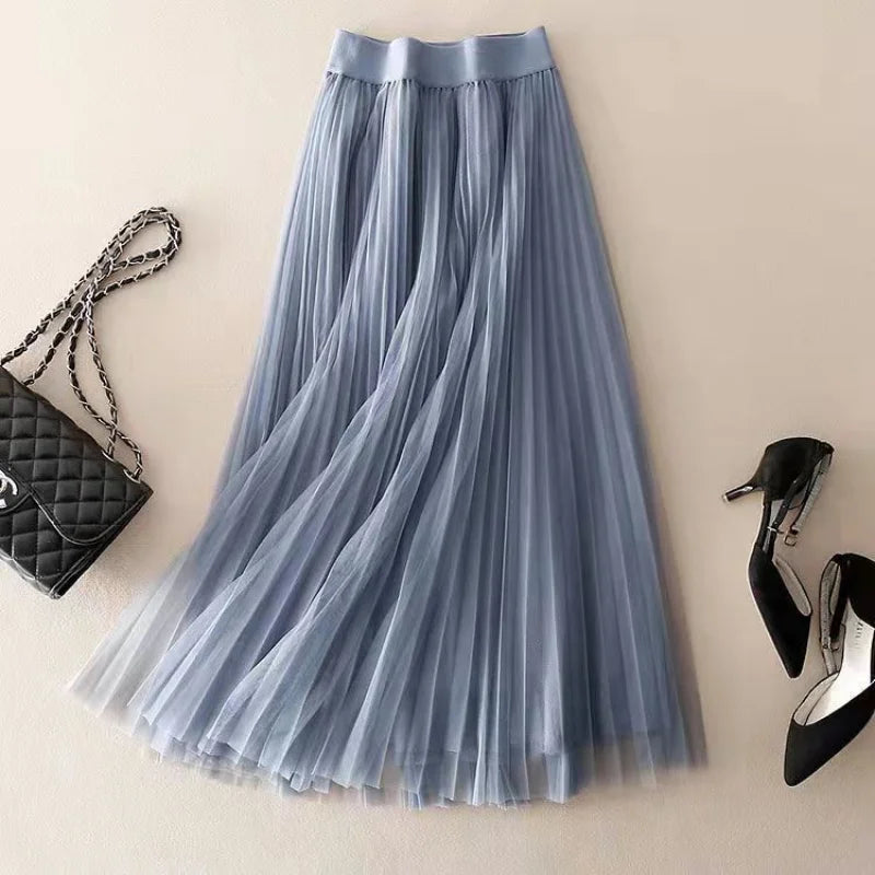 Women's High-Waisted Pleated Midi Skirt with Flowing Silhouette