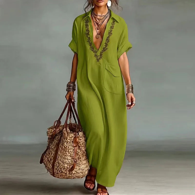 Women's Bohemian Printed Maxi Dress with Deep V-Neck