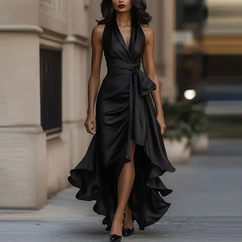 Women's Satin Halter Maxi Dress with High-Low Hem