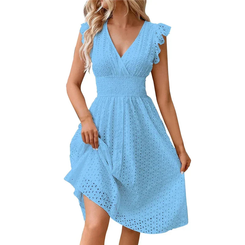 Women's V-Neck Eyelet Summer Dress A-Line