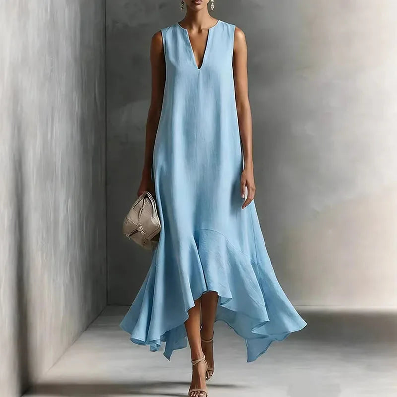 Women's Bohemian Maxi Dress with V-Neck and Ruffle Hem