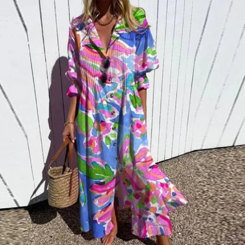 Women's All-Over Floral V-Neck Loose Maxi Dress