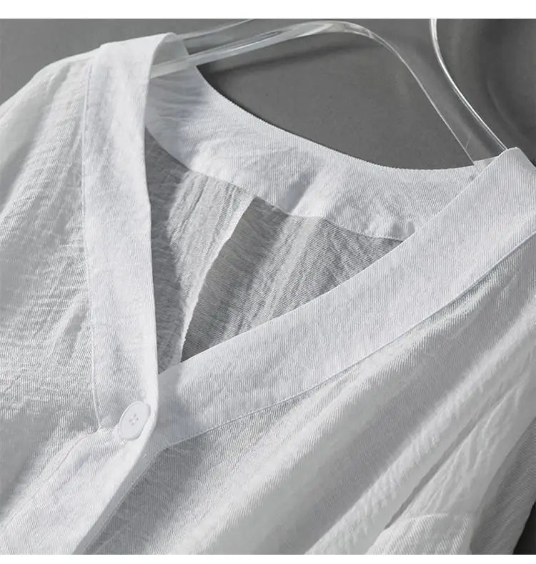 Women's V-Neck Button-Front Blouse with Relaxed Long Sleeves