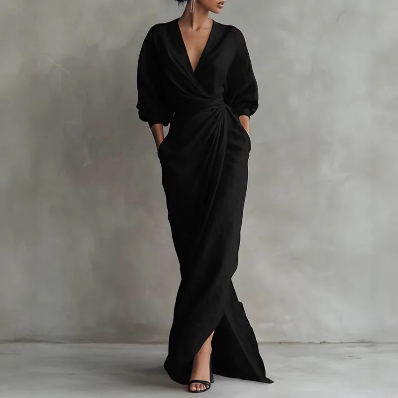 Women's Wrap Maxi Dress with V-Neck and Elegant Side Slit