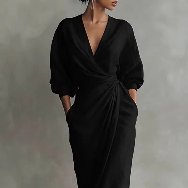 Women's Wrap Maxi Dress with V-Neck and Elegant Side Slit