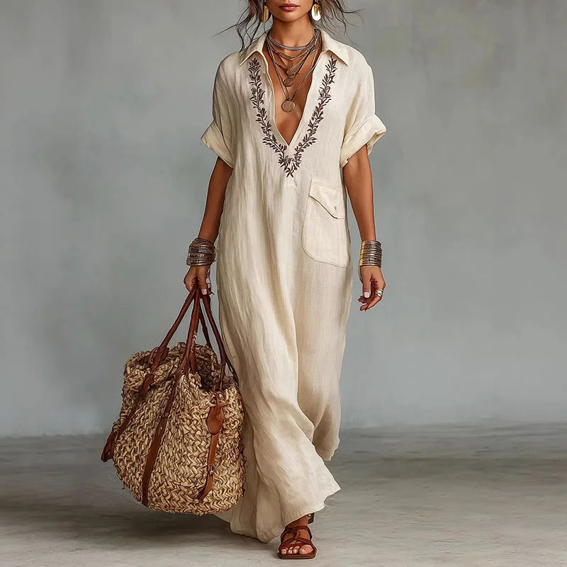 Women's Bohemian Printed Maxi Dress with Deep V-Neck