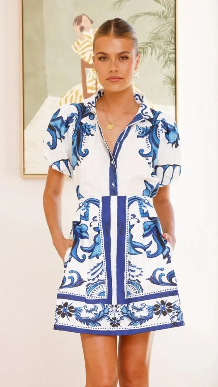 Women's Floral Print Puff Sleeve Mini Dress