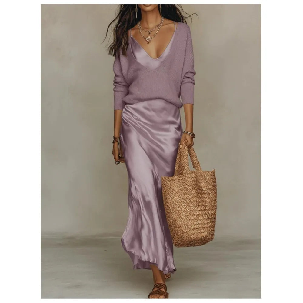 Women's V-Neck Top and Satin Maxi Dress Two-Piece Set