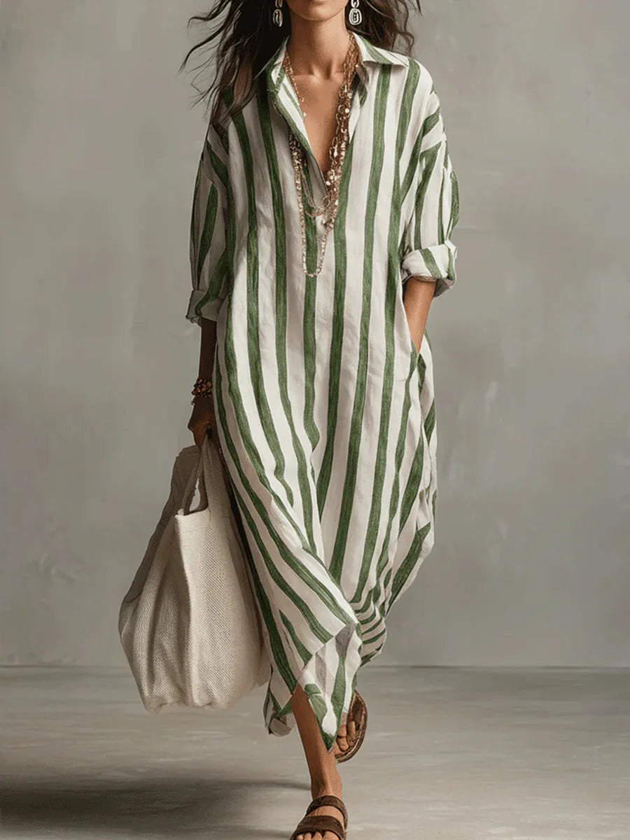 Women's Striped Maxi Shirt Dress with Collar and Side Pockets