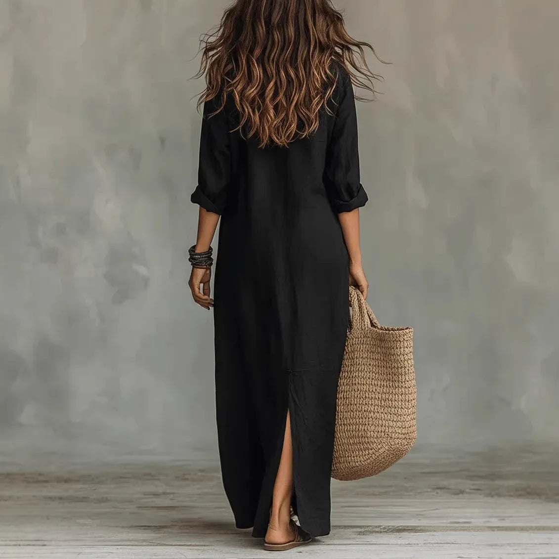 Women's Maxi Shirt Dress with Turn-Down Collar