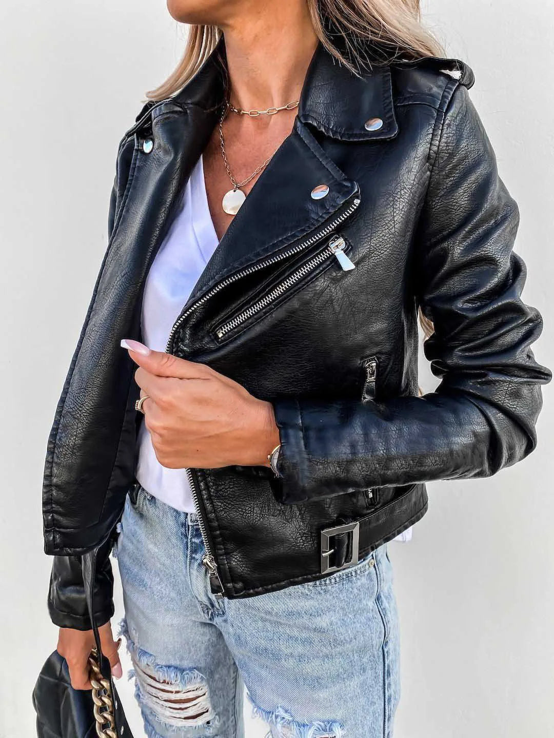 Women's Biker Leather Jacket with Asymmetric Zip