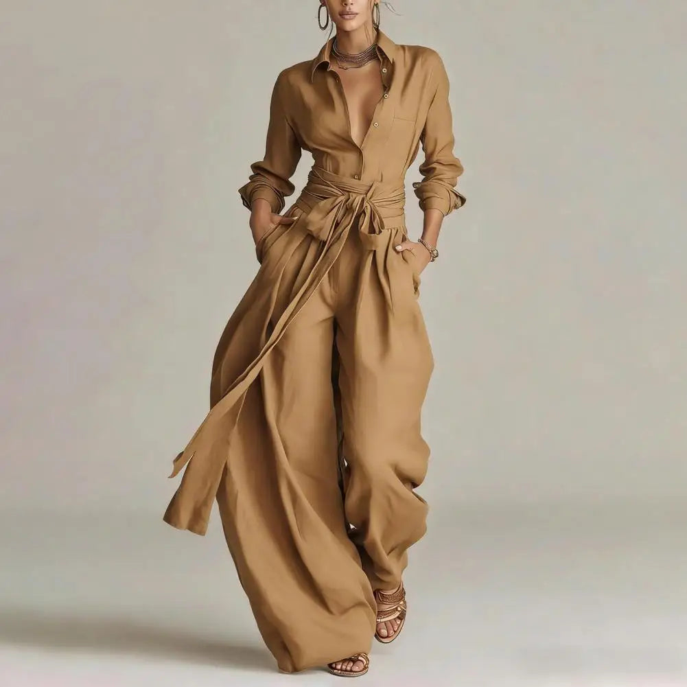 Women's Two-Piece Lounge Set with Button-Down Shirt and Wide-Leg Pants