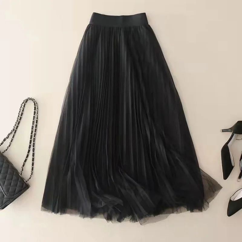 Women's High-Waisted Pleated Midi Skirt with Flowing Silhouette
