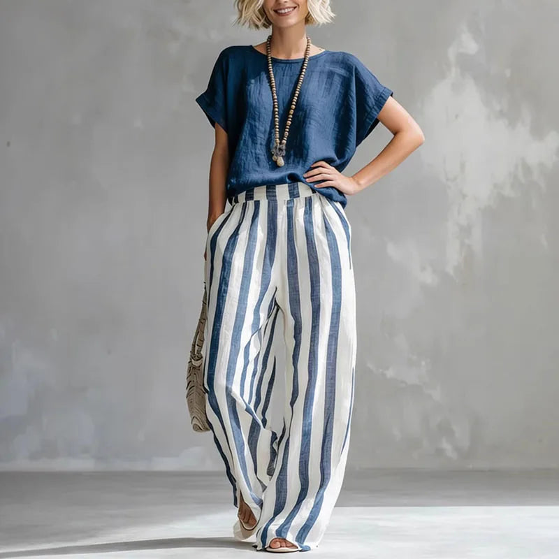 Women's Striped Co-Ord Set with Crew Neck Top and Pants