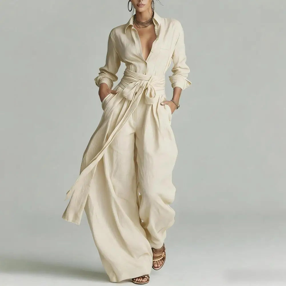 Women's Two-Piece Lounge Set with Button-Down Shirt and Wide-Leg Pants