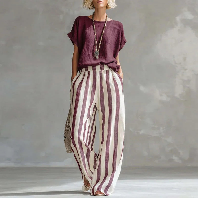 Women's Striped Co-Ord Set with Crew Neck Top and Pants