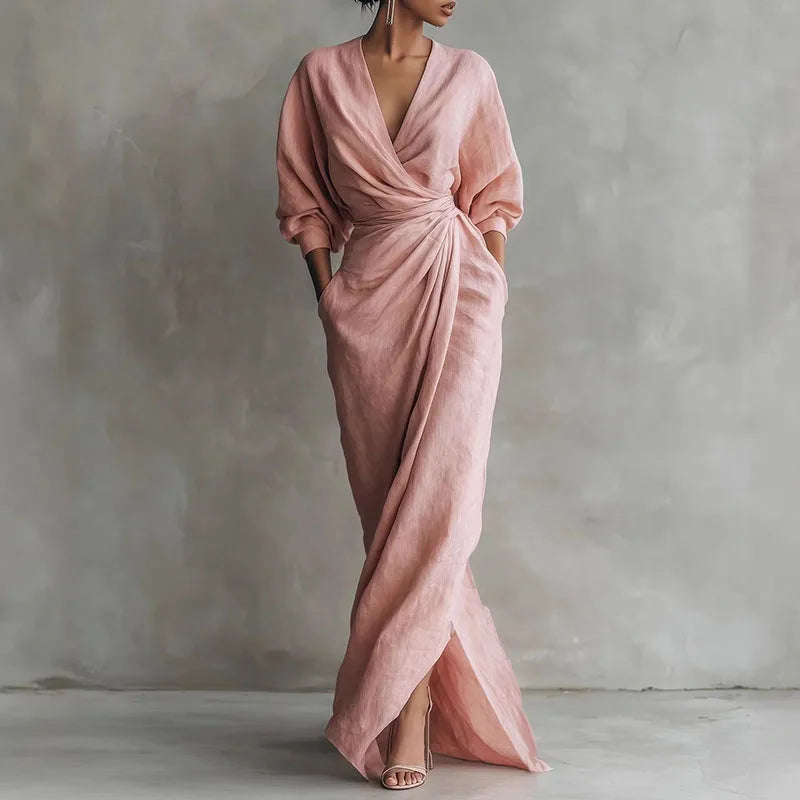 Women's Wrap Maxi Dress with V-Neck and Elegant Side Slit