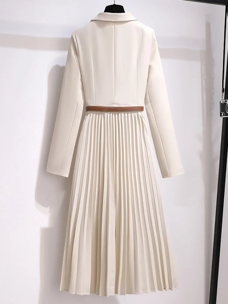 Elegant Pleated Blazer Dress with Stylish Belt