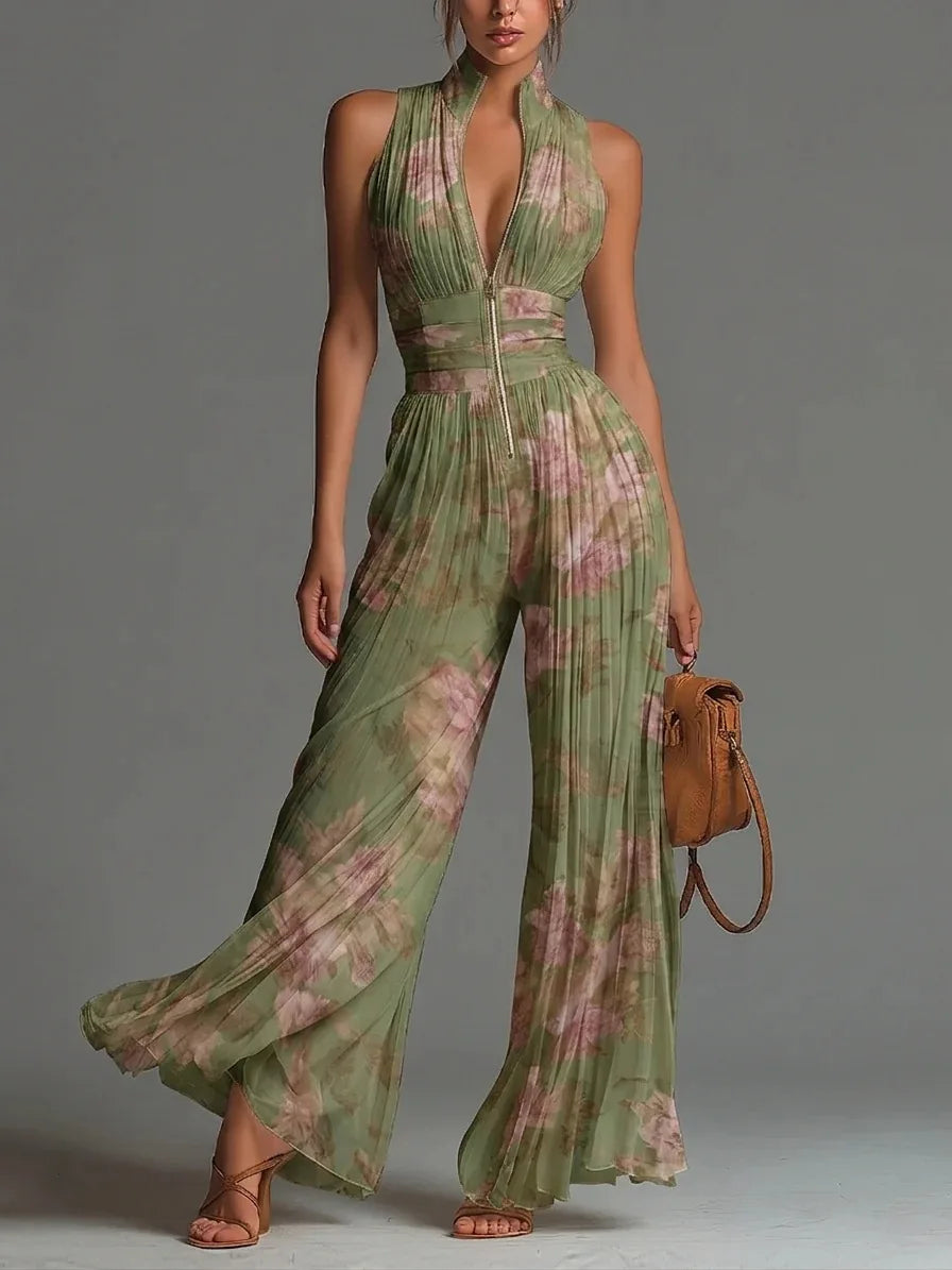 Women's Pleated Wide-Leg Jumpsuit with Halter Neckline