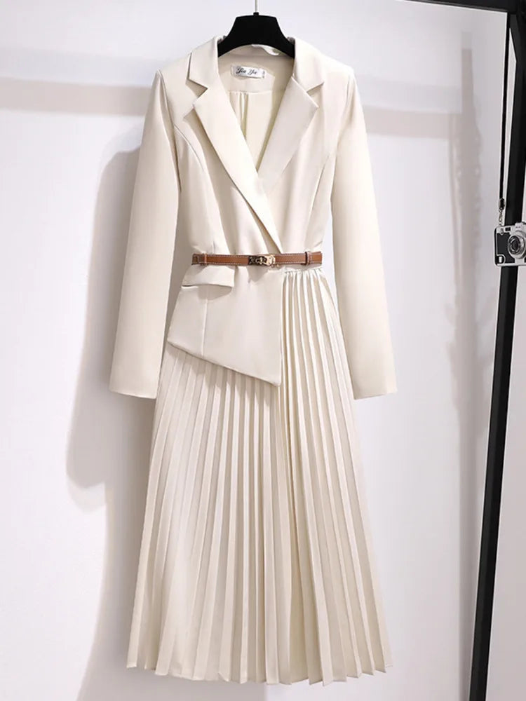 Elegant Pleated Blazer Dress with Stylish Belt