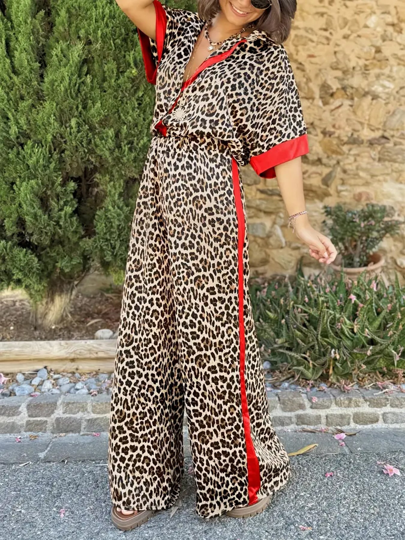 Women's Leopard Print Shirt and Wide Leg Pants Set