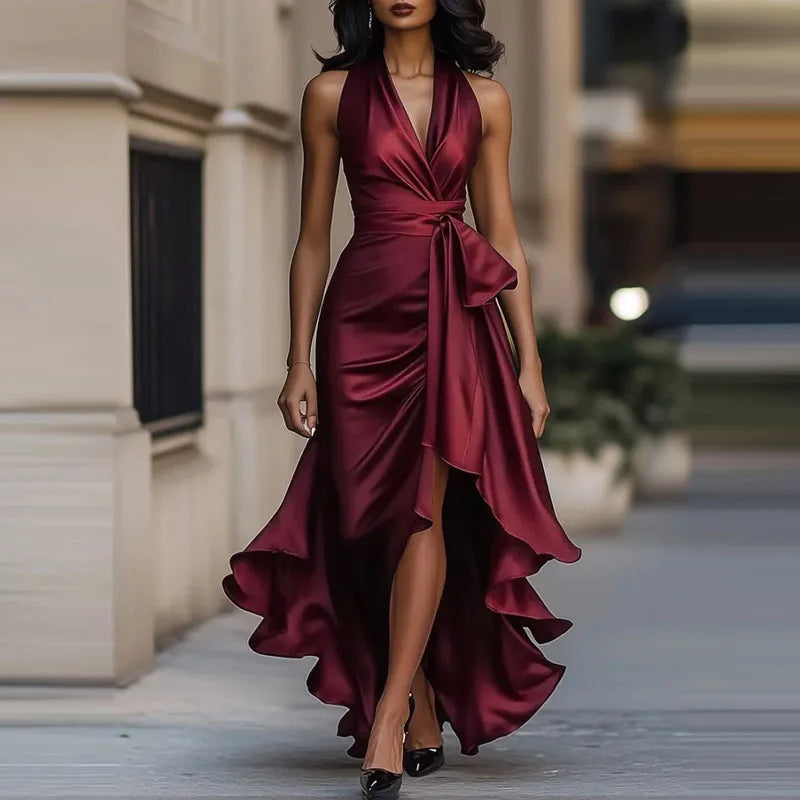 Women's Satin Halter Maxi Dress with High-Low Hem