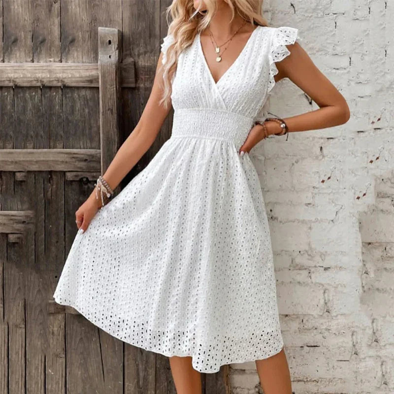 Women's V-Neck Eyelet Summer Dress A-Line