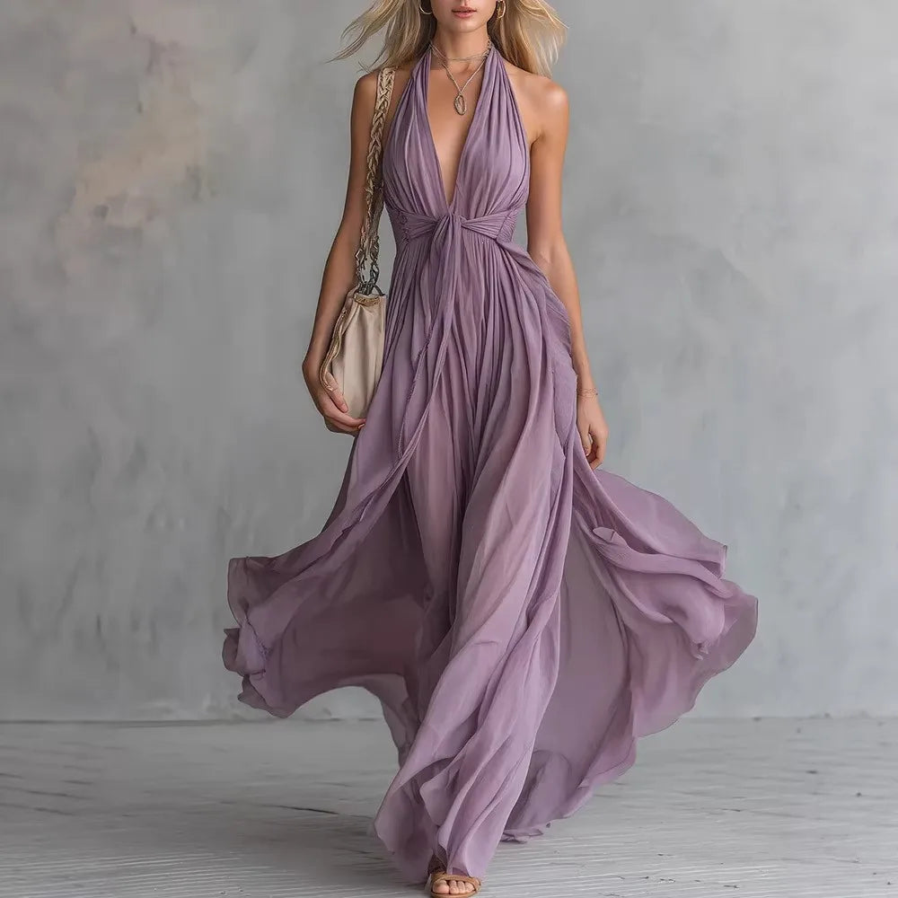 Women's Backless Halter Maxi Dress with Elegant Side Slit