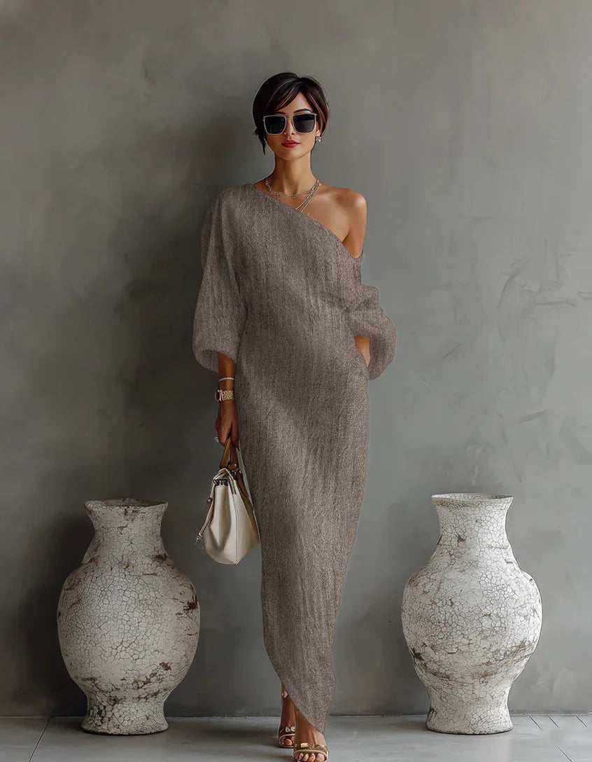 Women's One-Shoulder Maxi Dress with Batwing Sleeves