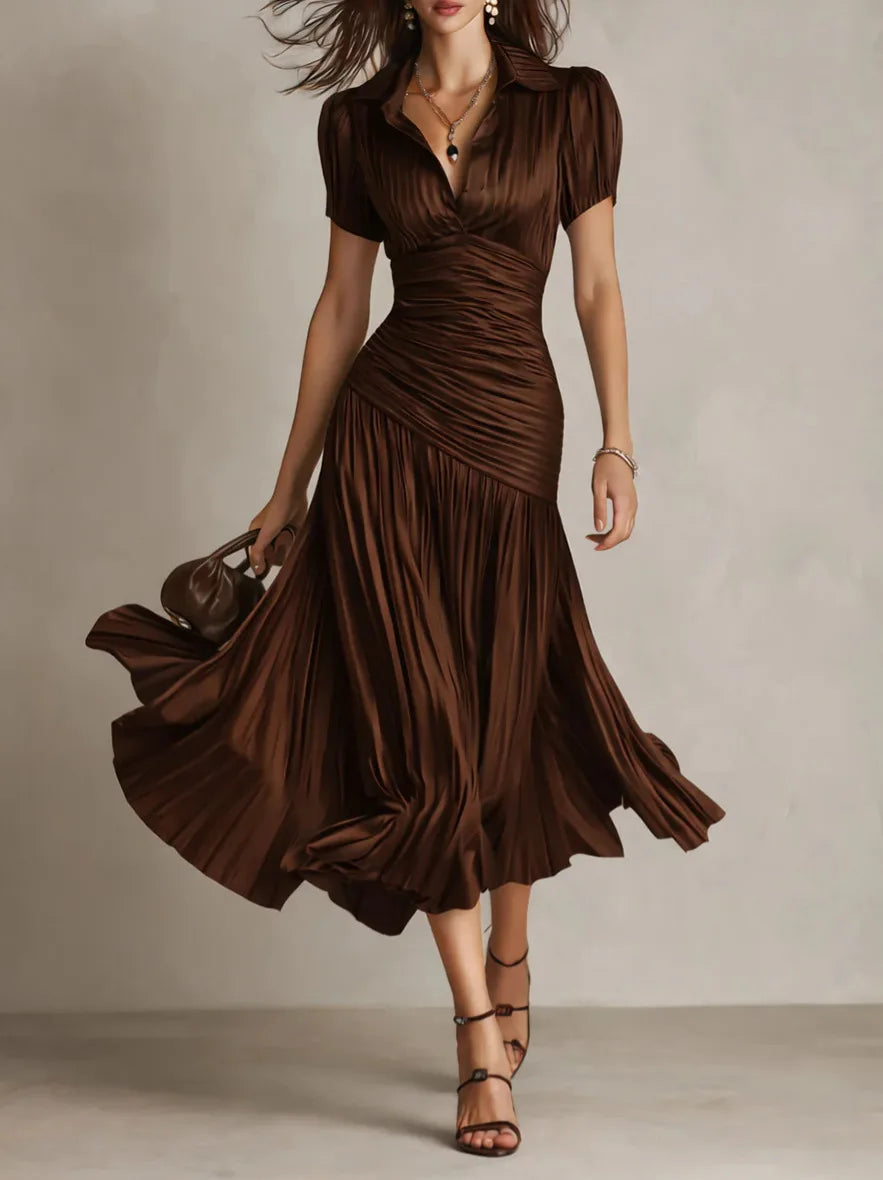 Women's Pleated A-Line Midi Dress with Lapel Collar