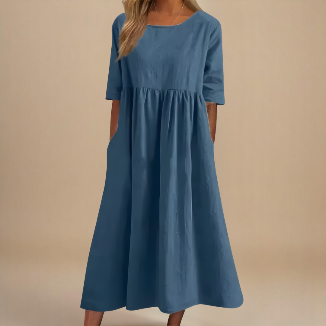 Women's Empire Waist Midi Dress with Relaxed A-Line Silhouette