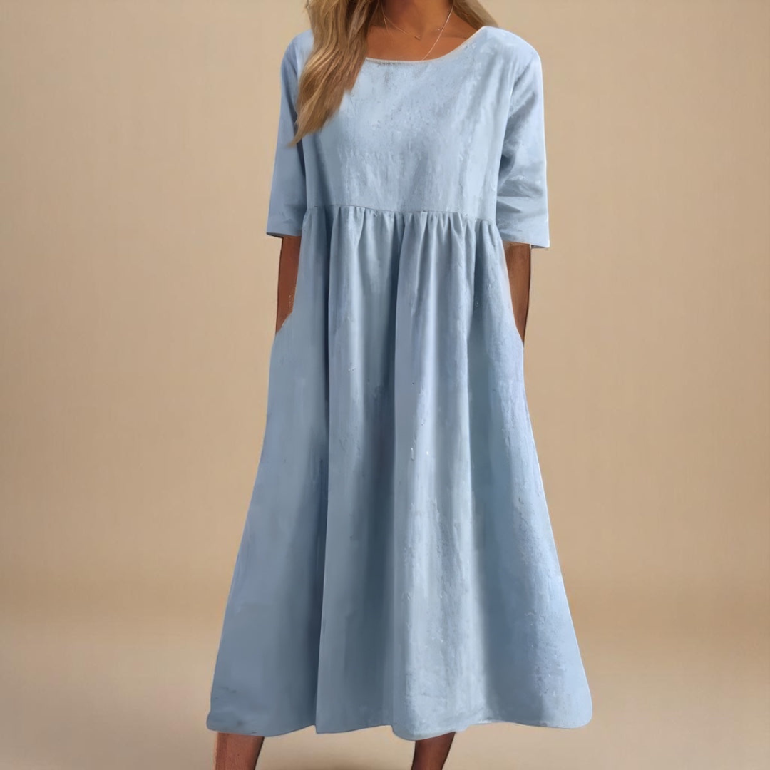 Women's Empire Waist Midi Dress with Relaxed A-Line Silhouette