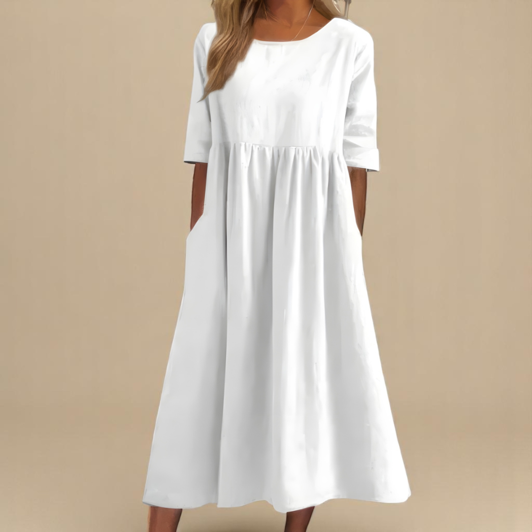 Women's Empire Waist Midi Dress with Relaxed A-Line Silhouette