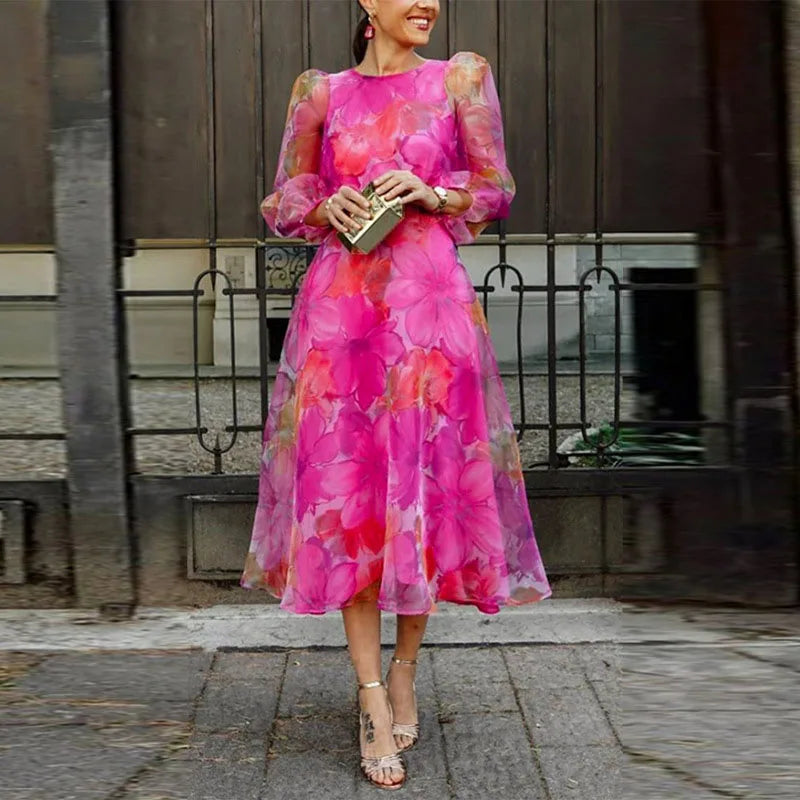 Women's Romantic Floral Mesh Midi Dress with Long Sheer Sleeves