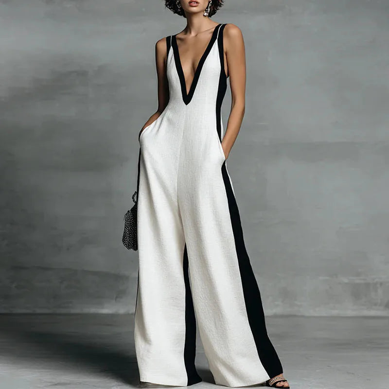 Women's Striped Wide-Leg Jumpsuit with Deep V-Neck