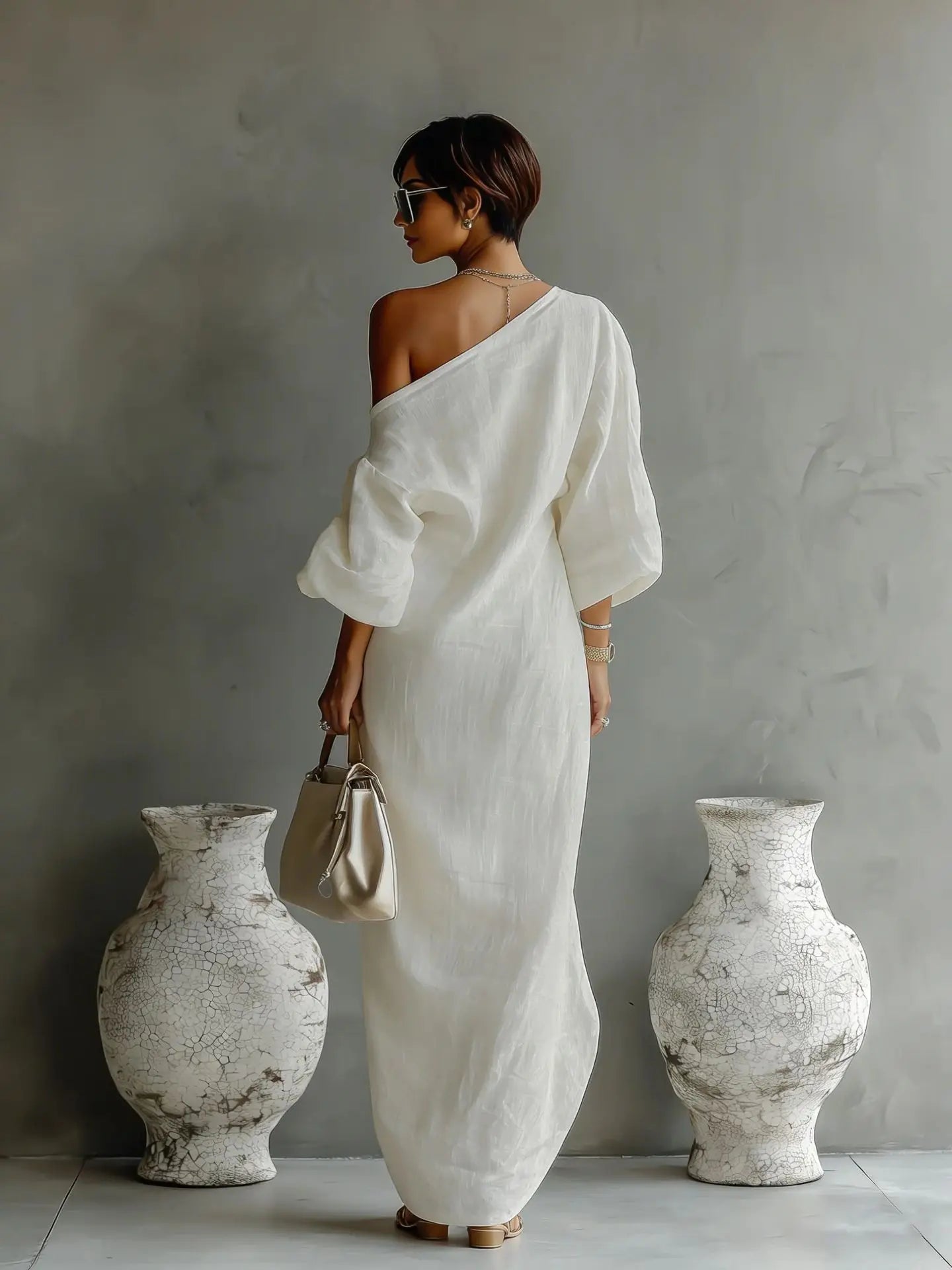 Women's One-Shoulder Maxi Dress with Batwing Sleeves